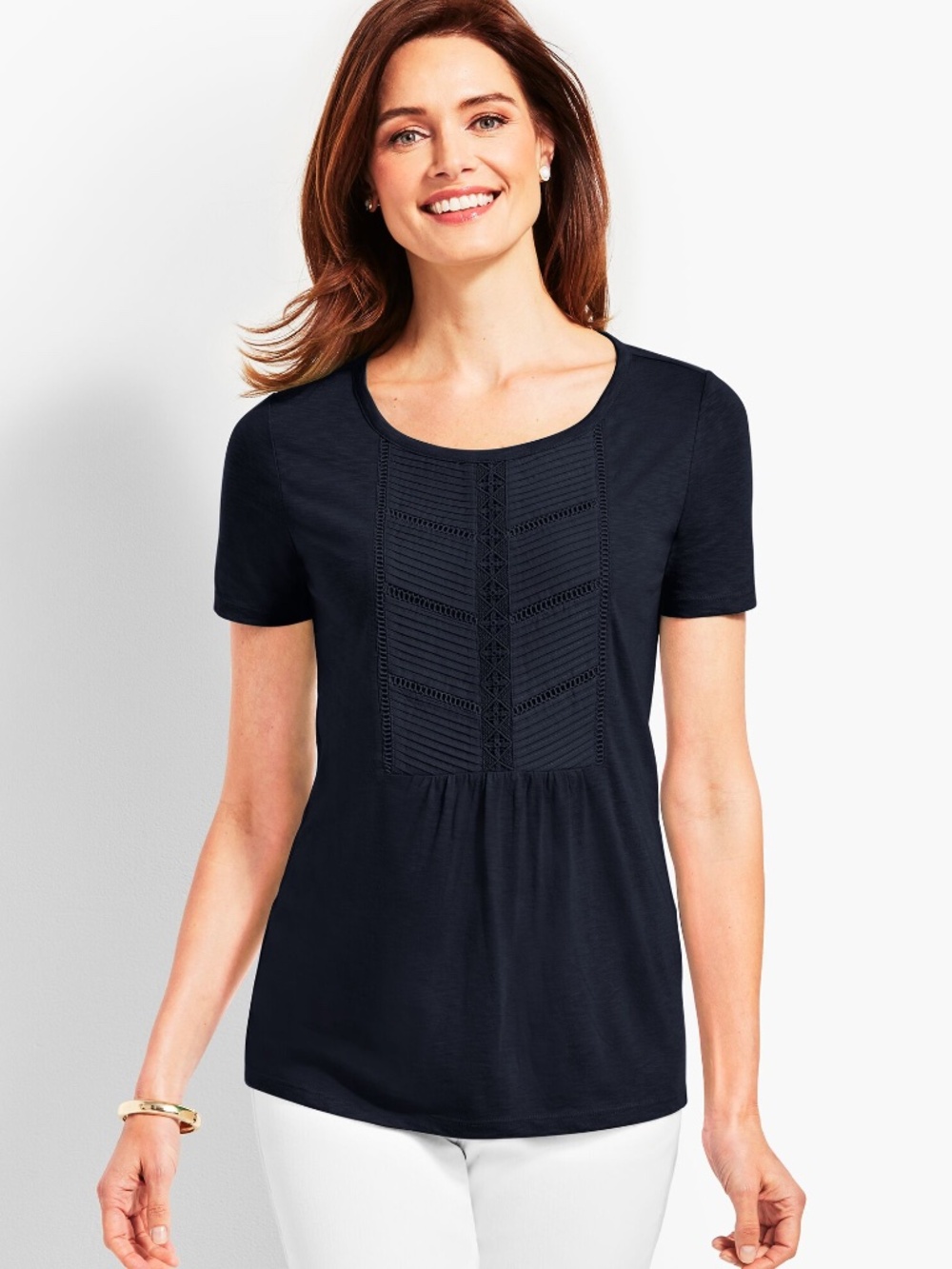 Talbots Woman Petite 1XP Dark Blue Pleated Pintuck Lattice Crochet Lace Trim Top